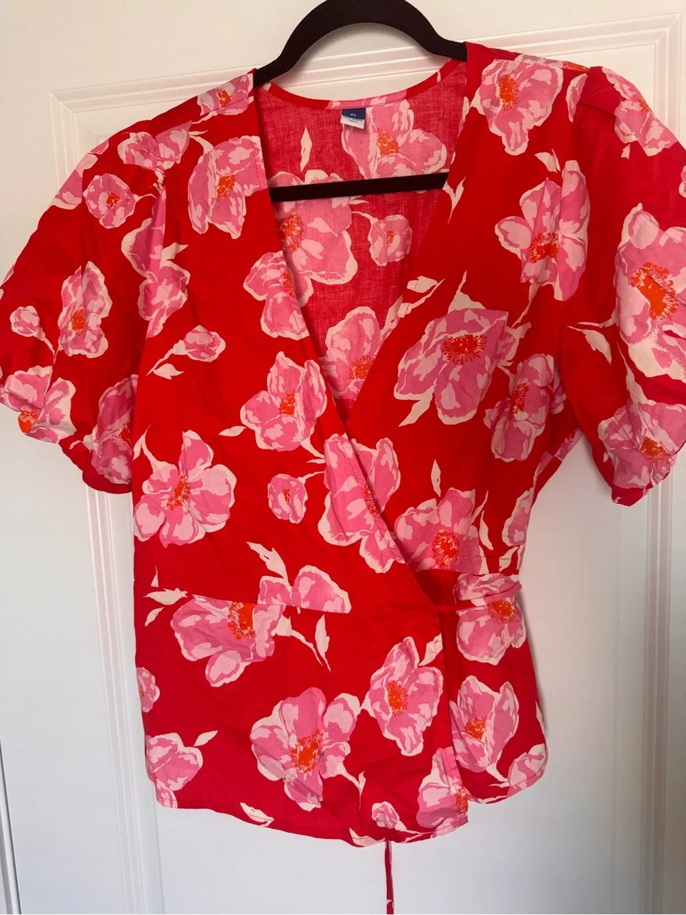 Old Navy Red Wrap Blouse with Pink Floral Print